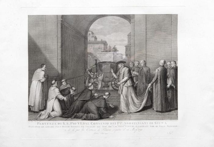 PARTENZA DI S. S. PIO VI DAL CONVENTO DEL P. P. AGOSTINIANI DI SIENA. PASSANDO AD ABITARE PER I SEGUITI TREMOTI, NEL PALAZZO DEL NOB.le SIG.re CAV.re GIUS.pe VENTURI GALLENARI, INDI IN VILLA SERGARDI: E DI LI PER LA CERTOSA DI FIRENZE: seguita il 26 Maggio 1798 