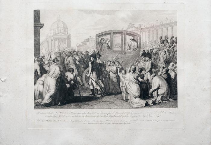 Il Sommo Pontefice Pio VII il di 24 Maggio 1814 entre trionfante in Roma per la piazza del popolo vagamente ornata, preceduto dal clero Romano, circondato degli Ufiziali civici, e scortato da un distaccamento di Cavalleria Ungarese, e dallo Stato Maggiore Napolitano