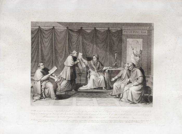 Pio VII consegna a Sua Eminenza il Sig. Cardinale Consalvi il Concordato Stipulato fra la Santitá Sua, ed il Governo li 15 Juglio 1801, in vigore del quale la Religione Cattolica acquista l´esercizio del culto, restando in Francia abolito lo Seisma