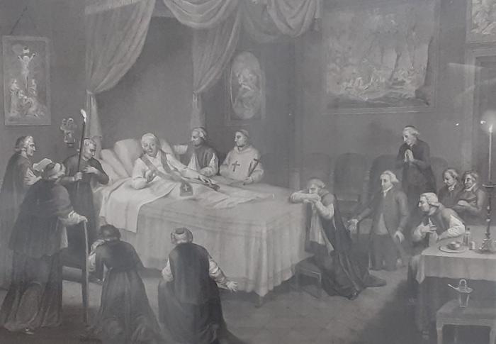 MORTE DI S. S. PIO VI SEGUITA NEL PALAZZO DELLA CITTADELLA DI VALENZA, IL DI 28 AG.to 1799. IN ETÁ DI ANNI 82. MESI 8. Gni 5. E del Suo Pontificato Anni 24. Mesi 6. Gni 14