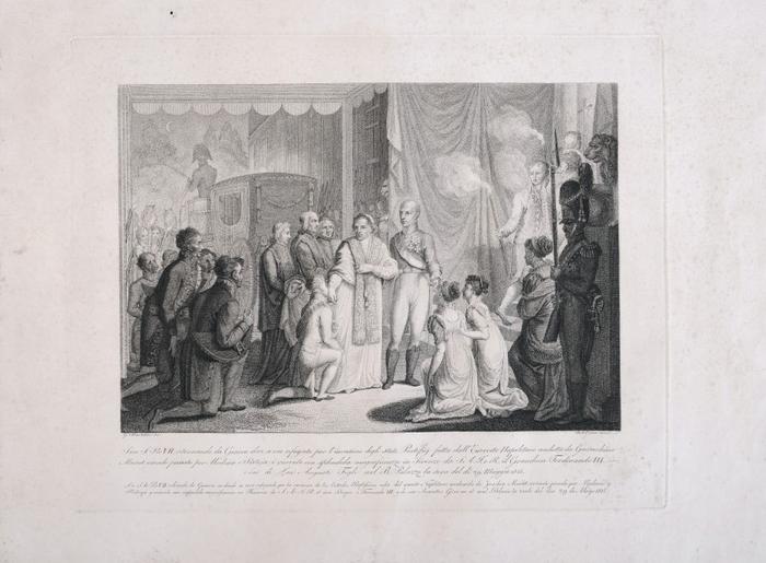Sua S. Pio VII ritornando da Genova dove si era rifugiato per l´invasione degli stati Pontifici falta dall´ Esercito Napoletano condotto da Giovacchino Murat, essendo passato per Modena e Pistoja, è ricevuto con splendida magnificenza in Firenze da S. A.T.