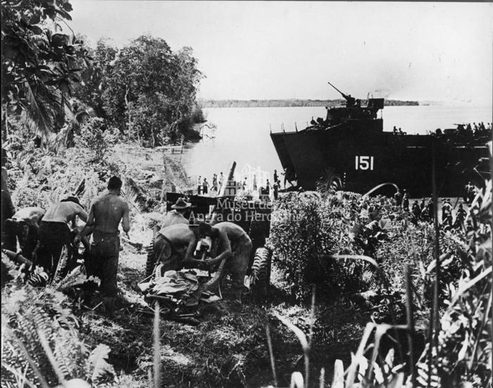 "Australian artillery firing at Tarakan during invasion"